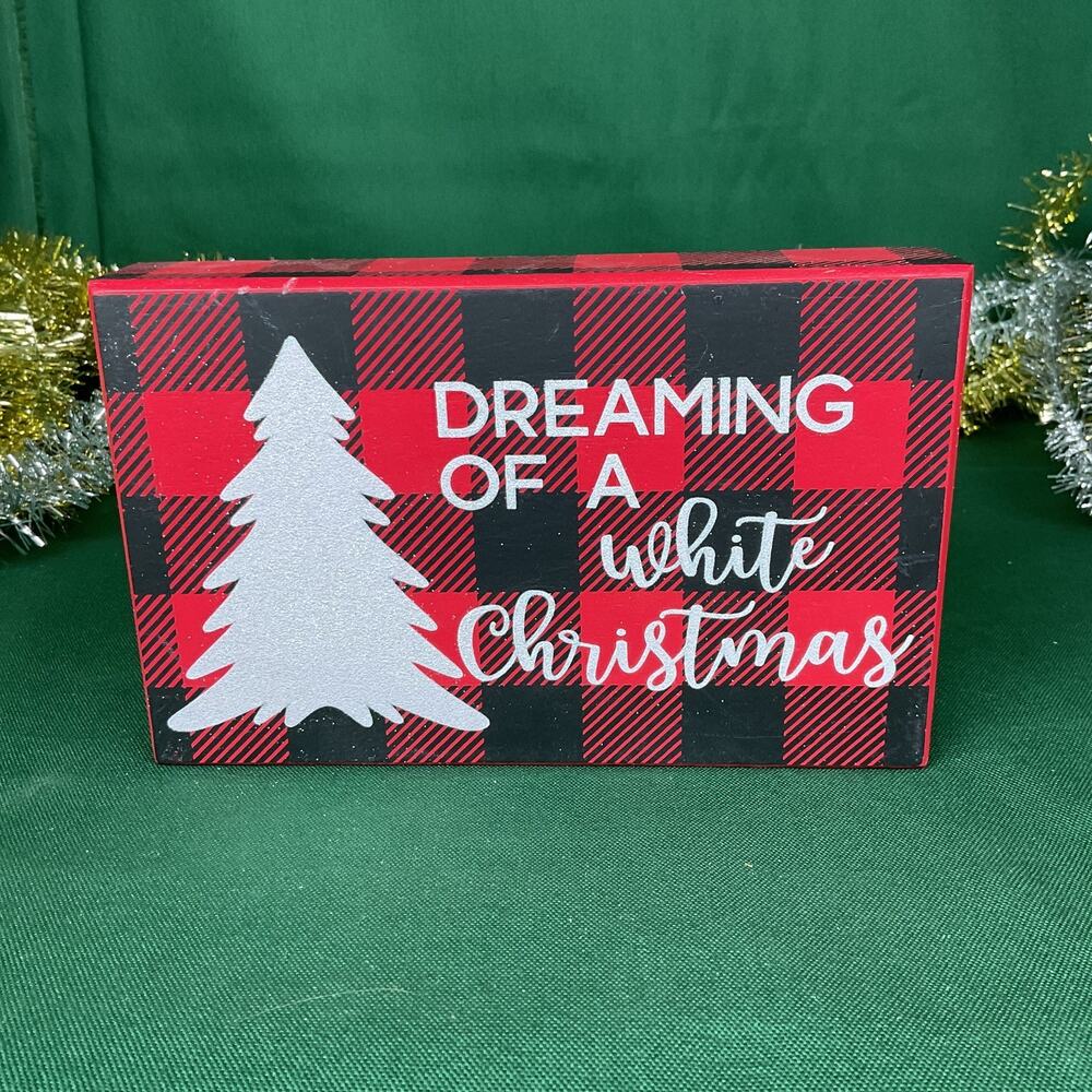 Christmas Wooden Block Sign Buffalo Plaid Dreaming of a White Christmas Decor